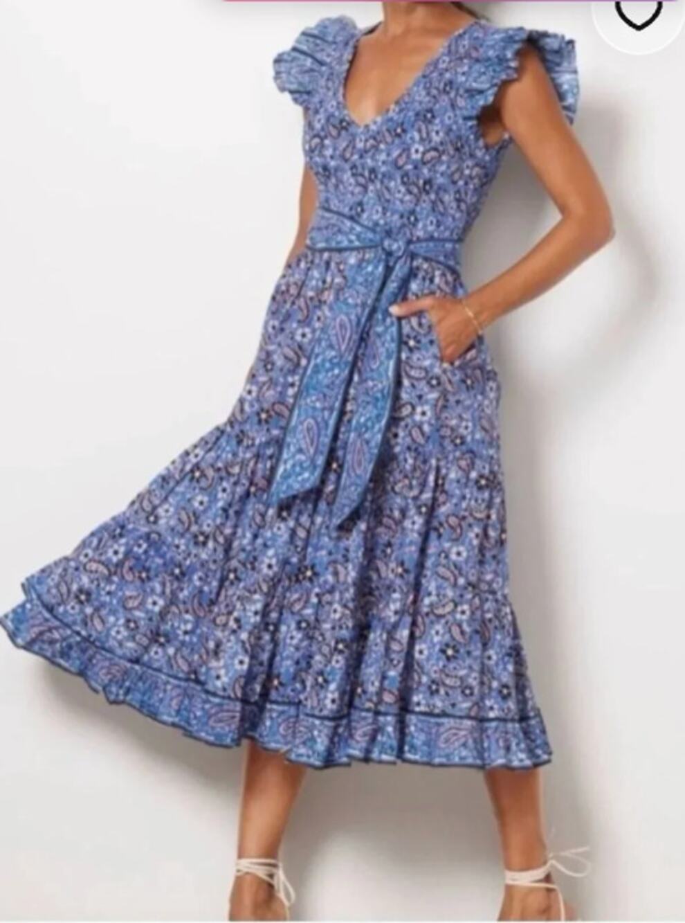 Cleobella Autumn Belted Ruffle Sleeve Midi Dress Paisley Print Blue Medium